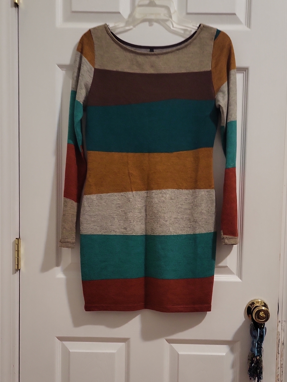 Striped Long Sleeve Knit Dress in Teal, Mustard & Rust